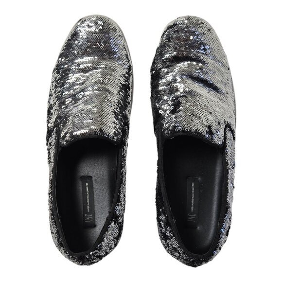 INC Men's Flash Slip-on sneakers 8M Black & White sequins pre-owned - Picture 3 of 6